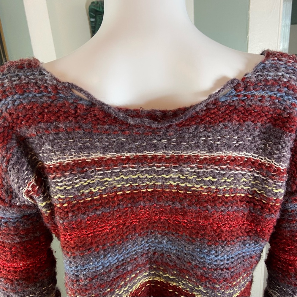 Free People Nordic Red Gray Striped Cropped Bell Sleeve Sweater Small S Chunky - Picture 12 of 14